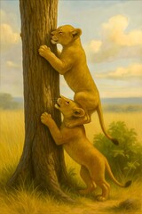 A heartwarming scene of young lions, where one lifts the other to reach a tree, symbolizing unconditional love, trust, and support in the animal kingdom.