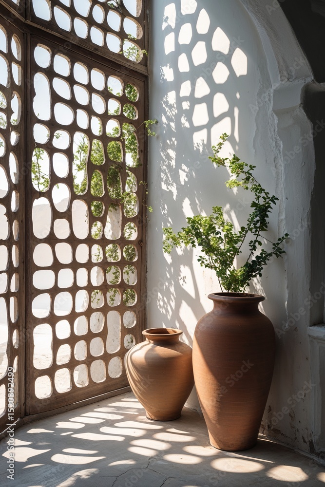 Poster soft shadows cast by intricate lattice windows on whitewashed interiors with earthenware vases backg