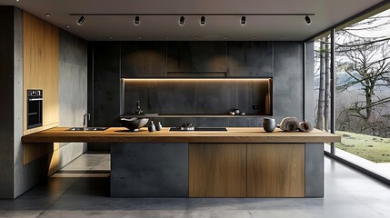 modern kitchen interior with fireplace