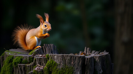 Red Squirrel (Sciurus vulgaris) on mossy tree stump in dark forest