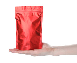 Woman with zipper stand-up pouch on white background, closeup. Mockup for design