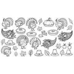 Thanksgiving outline vector illustration with turkey pumpkin pie cornucopia and pilgrim hat thanksgiving day 100