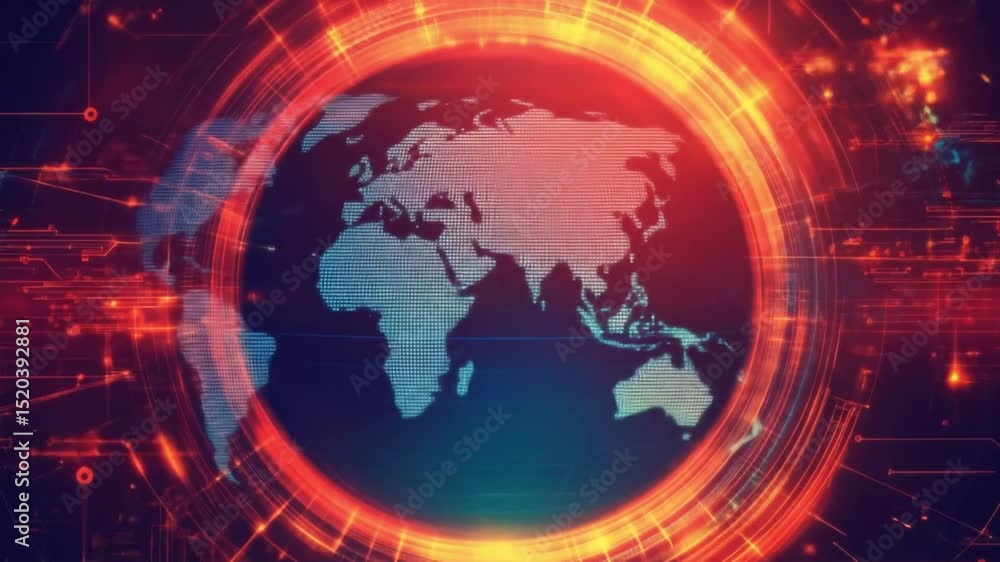 Poster world map rotating inside digital network futuristic background