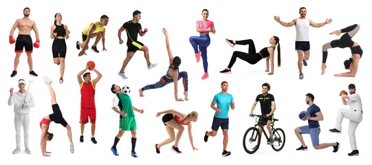 People engaged in different sport activities on white background, collage