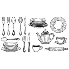 Vintage kitchenware utensils silverware tableware plates teapot cups rolling pin drawing illustration design