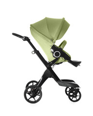 Baby carriage. Modern pram with olive color canopy isolated on white