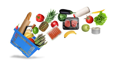 Food products flying into blue shopping basket on white background