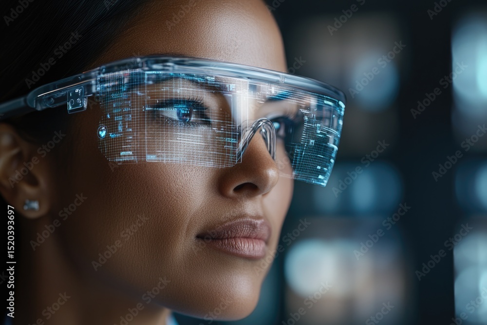Poster scientist wearing futuristic smart glasses with augmented reality display in laboratory