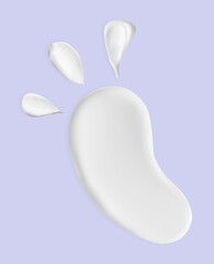 Cream samples on lavender color background, top view