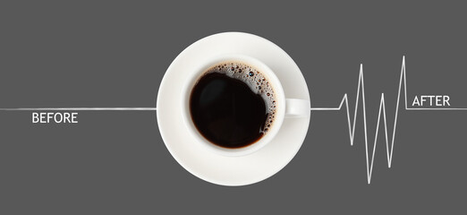 Cup of coffee and heartbeat line on grey background, top view. Calm pulse becoming active....