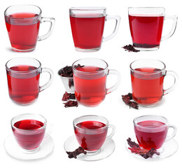 Hibiscus tea in glass cups and dried calyces isolated on white, set