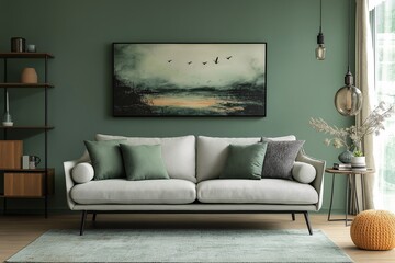 Modern Minimalist Living Room Interior with Green Sofa and Textiles. Contemporary Cozy Design Featuring Wooden Shelves, Stylish Wall Art, and Soft Lighting.