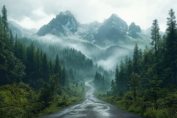 Misty Mountains Scenic Road and Forest Landscape. A Serene Adventure in Nature's Majestic Wilderness