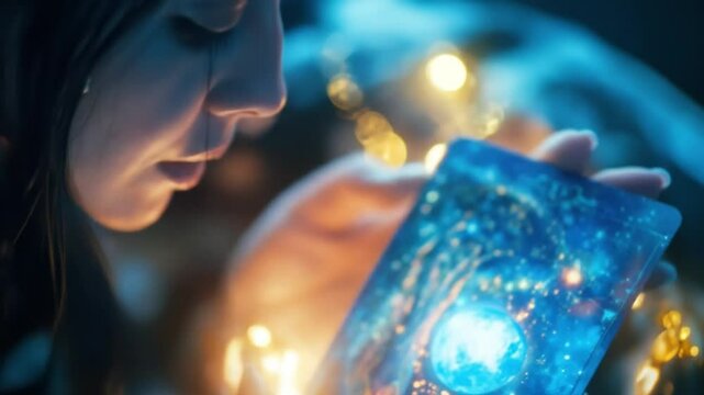 Holding Space Card with Celestial Image Glowing Indoor