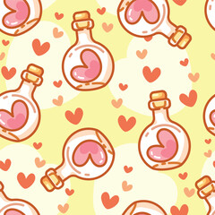 Seamless pattern cartoon of cute pink heart in a glass jar, Little hearts scattered, the color tones are light yellow and light orange. Pattern design for wrapping paper, wallpaper and fashion prints.