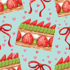 Seamless pattern cartoon of strawberry matcha mille layer, red bow and little heart. Cute and delicious desserts. Pattern design for wrapping paper, wallpaper and fashion prints.