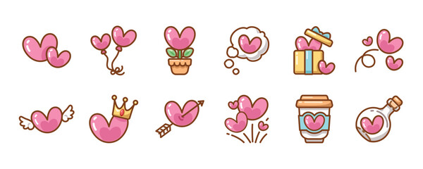 Set of cute element cartoon illustration, Cute icons related to little pink heart and love. A kawaii emoji cartoon. Idea for print, cartoon, card, decoration and sticker.