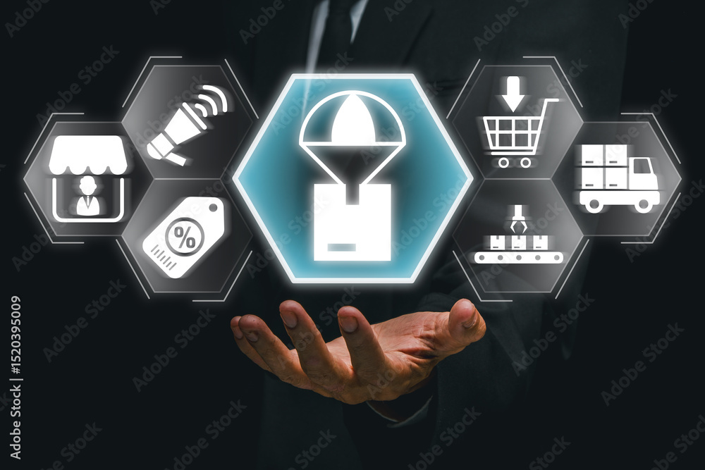 Poster visual representation of drop shipping with digital icons highlighting e-commerce and logistics in a