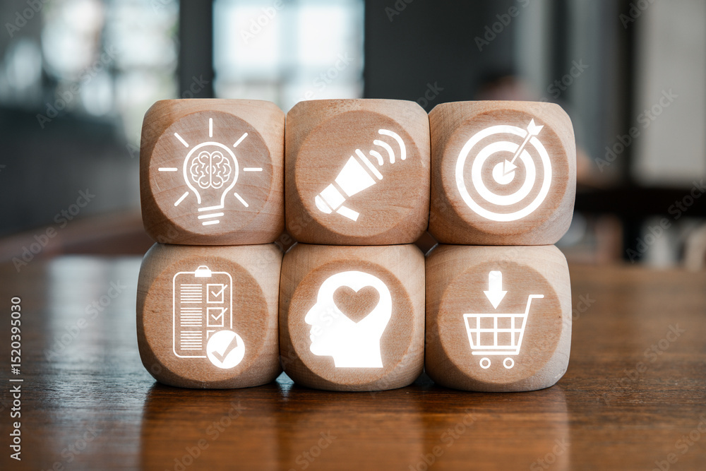 Poster wooden blocks displaying icons representing stages of a conversion funnel for marketing and sales st