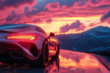 Luxury Sports Car in Dramatic Sunset Landscape. Scenic Mountain Road Travel Adventure