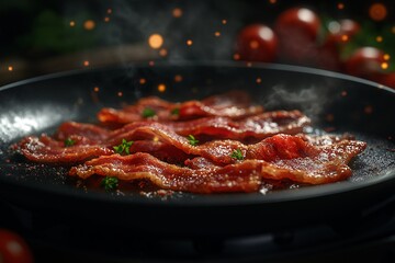 Delicious Crispy Bacon Cooking in Pan. Sizzling Farm-Fresh Breakfast Delight with Parsley and Tomatoes