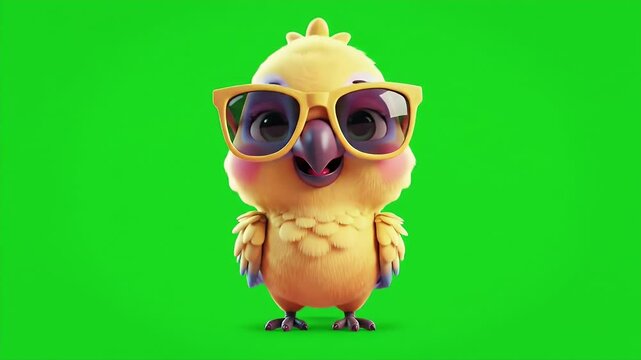 Cute Cartoon Yellow Bird with Glasses 3D Render in a Green Screen Background Ideal for Animation Purposes