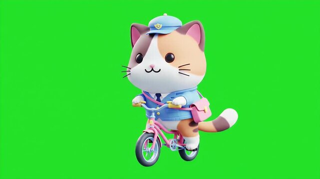 Cartoon Cat Postman Rides Pink Bicycle in 3D Render Against Green Screen Backdrop Wearing a Blue Uniform and Hat and a Pink Mailbag Isolated for Animation and Visual Effects