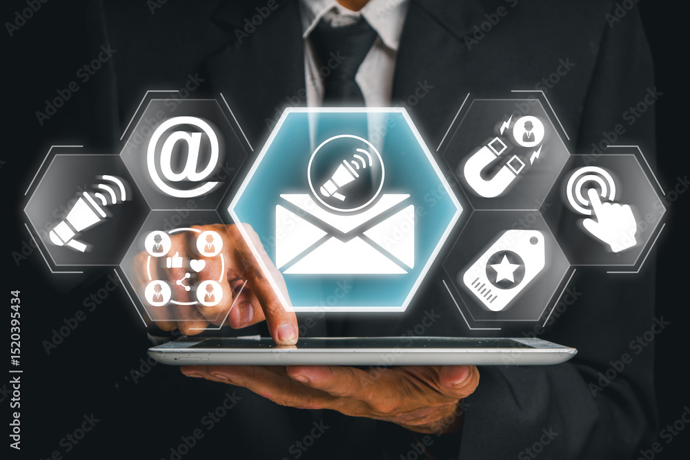 Poster professional using tablet for e-mail marketing with digital icons and modern technology interface.