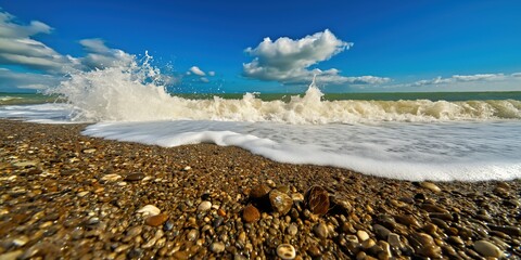 Coastal scene with pebbled beach, crashing waves, and blue sky