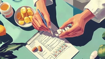 Doctor Filling Prescription Form with Pills, Orange, and Greens, Illustration Style, Pharmaceutical, Healthcare, Wellness, and Medical Concept - Powered by Adobe