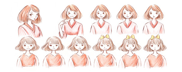 Anime Girl Character Sheet: Various Hairstyles and Expressions