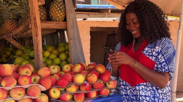 african market woman standing using phone while isolated over fruit stand