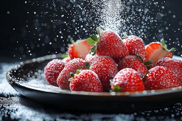 Fresh Strawberries Sprinkled with Fine Sugar. Vibrant Dessert Photography on Black Background