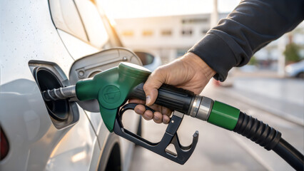 Hand in foreground, filling up a white car with gasoline, reflected in sunlight, and a gas station in the background in an urban setting.