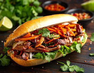 Vietnamese Banh Mi Sandwich with Grilled Pork and Pickled Vegetables