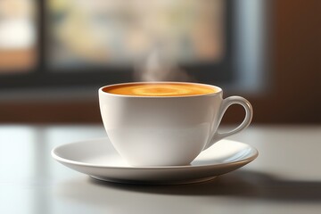 Cozy Morning Coffee. Hot Beverage with Steam in Porcelain Cup on Saucer - Inviting Interior with Natural Light & Relaxing Aromas