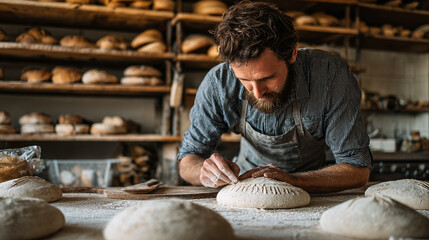 Artisan Bread Making Process: Professional Baker Crafting Handmade Sourdough Loaf in Rustic Kitchen Scene