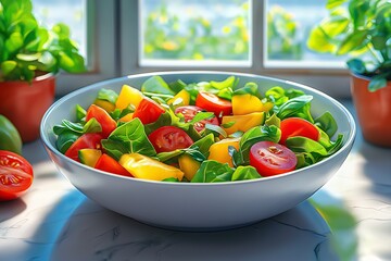 Fresh Rainbow Salad Bowl. Healthy Organic Veggie Salad with Spinach, Tomato, and Paprika in Natural Light - Perfect for Clean Eating & Plant-Based Diet