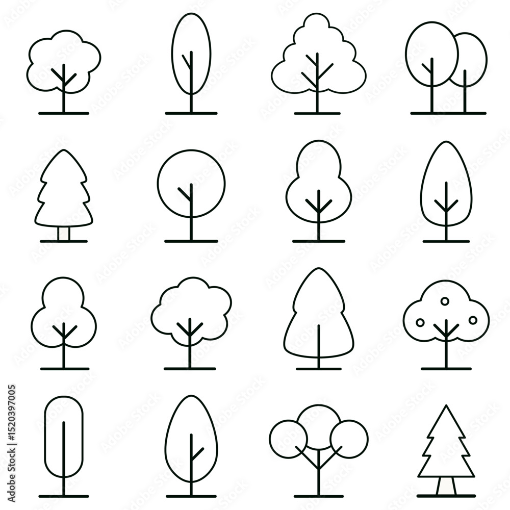 Aufkleber modern black line tree icons in flat outline style featuring rounded and pointed canopy variations f