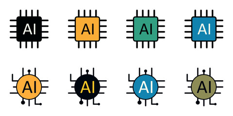 Modern Artificial Intelligence Processor Icons – Vibrant Flat Design Chips with Rounded and Angular Shapes for UI, Infographics, and Innovation Branding