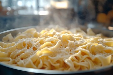 Italian Cuisine at Its Finest. Close-Up of Hot, Steaming Pasta Dish in Chef's Kitchen