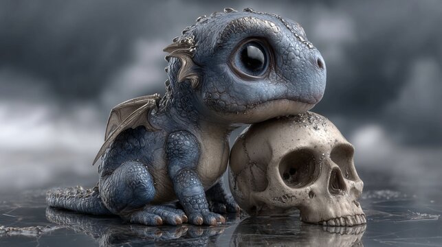 Adorable baby dragon sits beside a skull