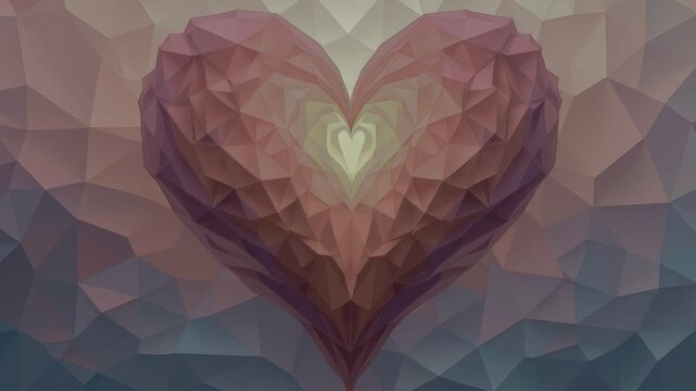 A low-poly heart rendered in shades of burgundy and gold, with a geometric, faceted design against a muted, gradient background