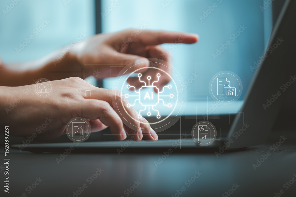 Aufkleber Hands typing on keyboard with futuristic AI chip icon and business document analysis overlay