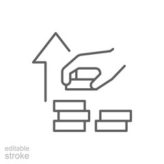 Editable Stroke Icon for Money Investment and Capital Growth Hand Adding Coins to Stack with Upward Arrow Line Art Finance