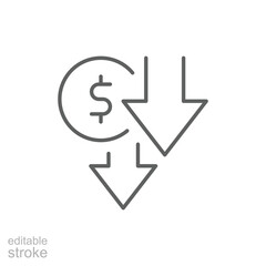 Editable Stroke Outline Icon Showing Dollar Value Downward Trend and Reduced Expenses Cost Saving Financial Decrease Symbol