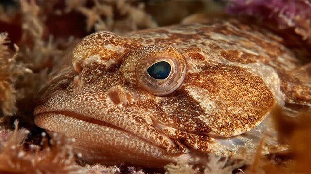Close up of a textured stonefish blending flawlessly into the coral reef environment