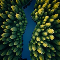 fern in the forest, Serene river flowing through dense forest with faded green and brown tones, soft focus edges,
