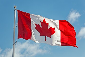 Canadian Flag Waving Proudly in the Blue Sky National Symbol Maple Leaf