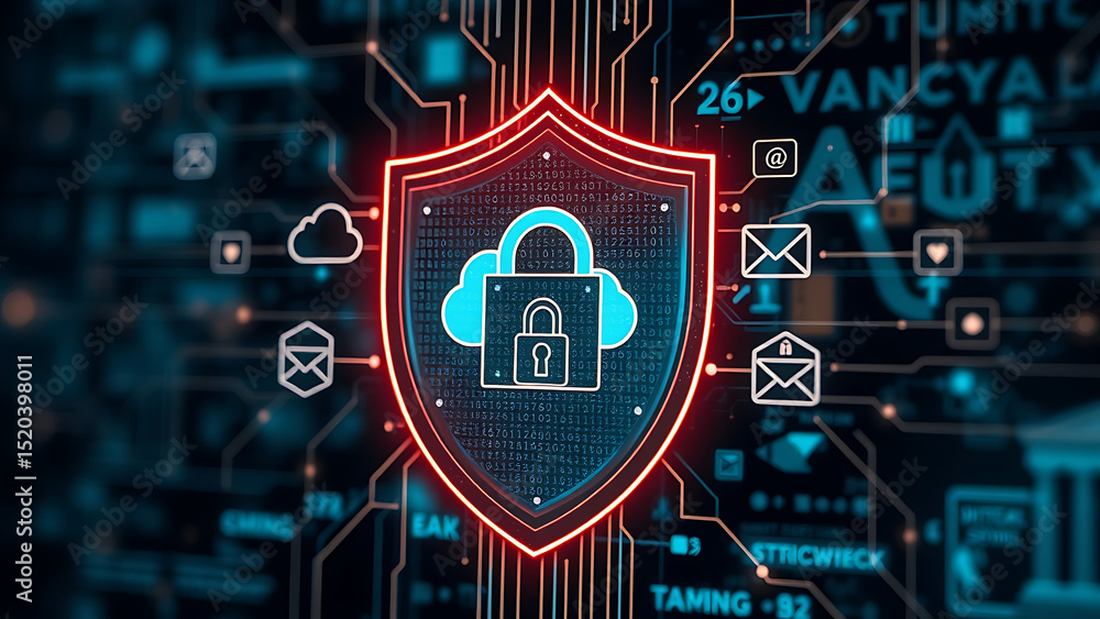 Poster cybersecurity shield digital protection concept cyber security representing digital security with ic